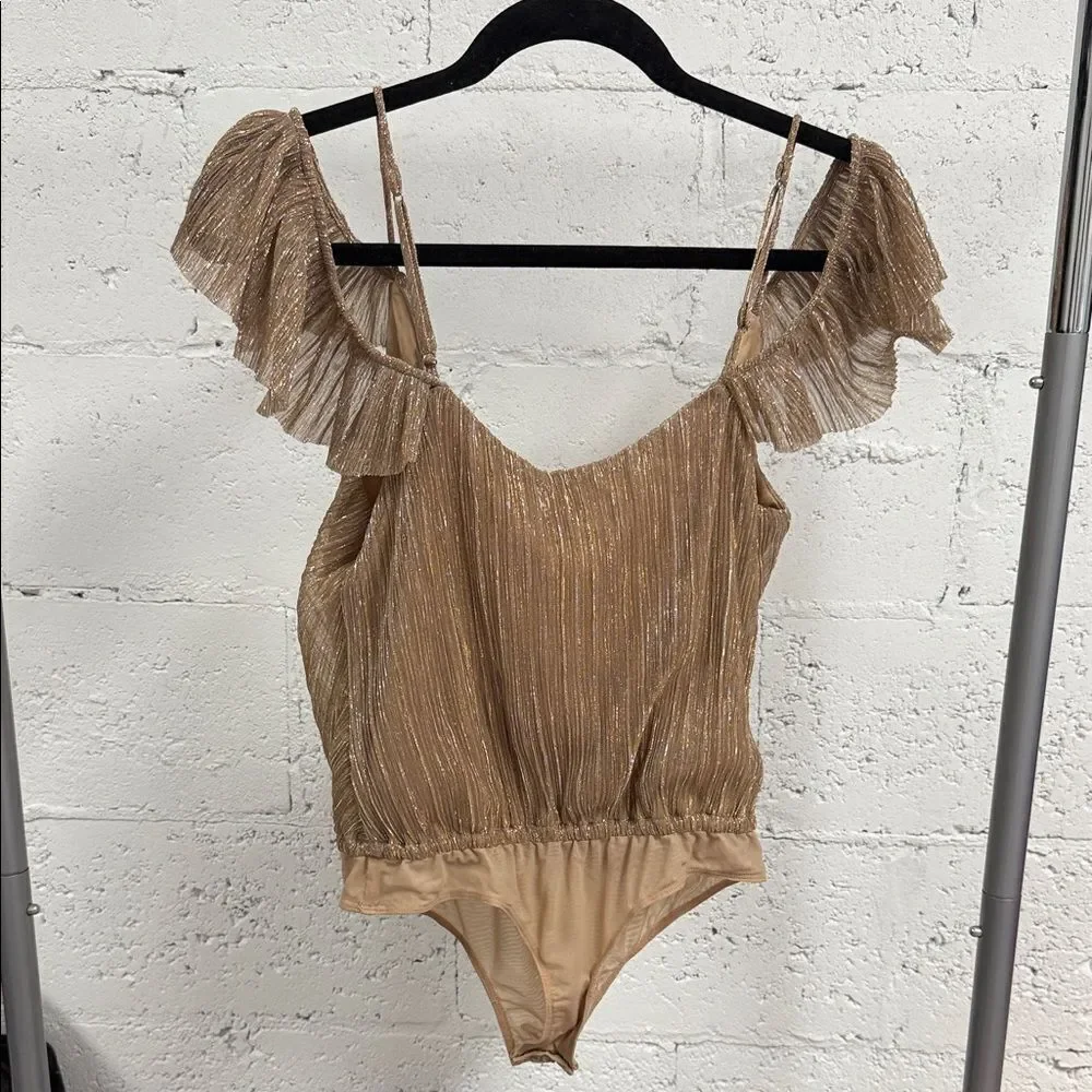 Elegant Brown Ruffled Gold TJD One Piece NWT - Size XS Body Suit in Blush